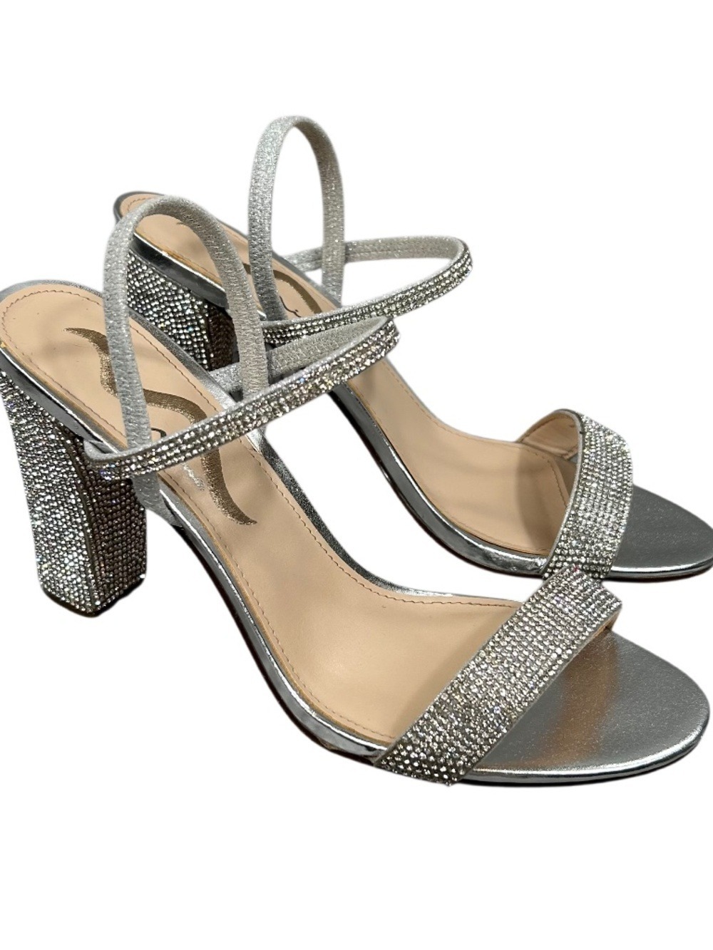 Nina Sanchia Silver Rhinestone Block Heel Strappy Sandals Size 8.5